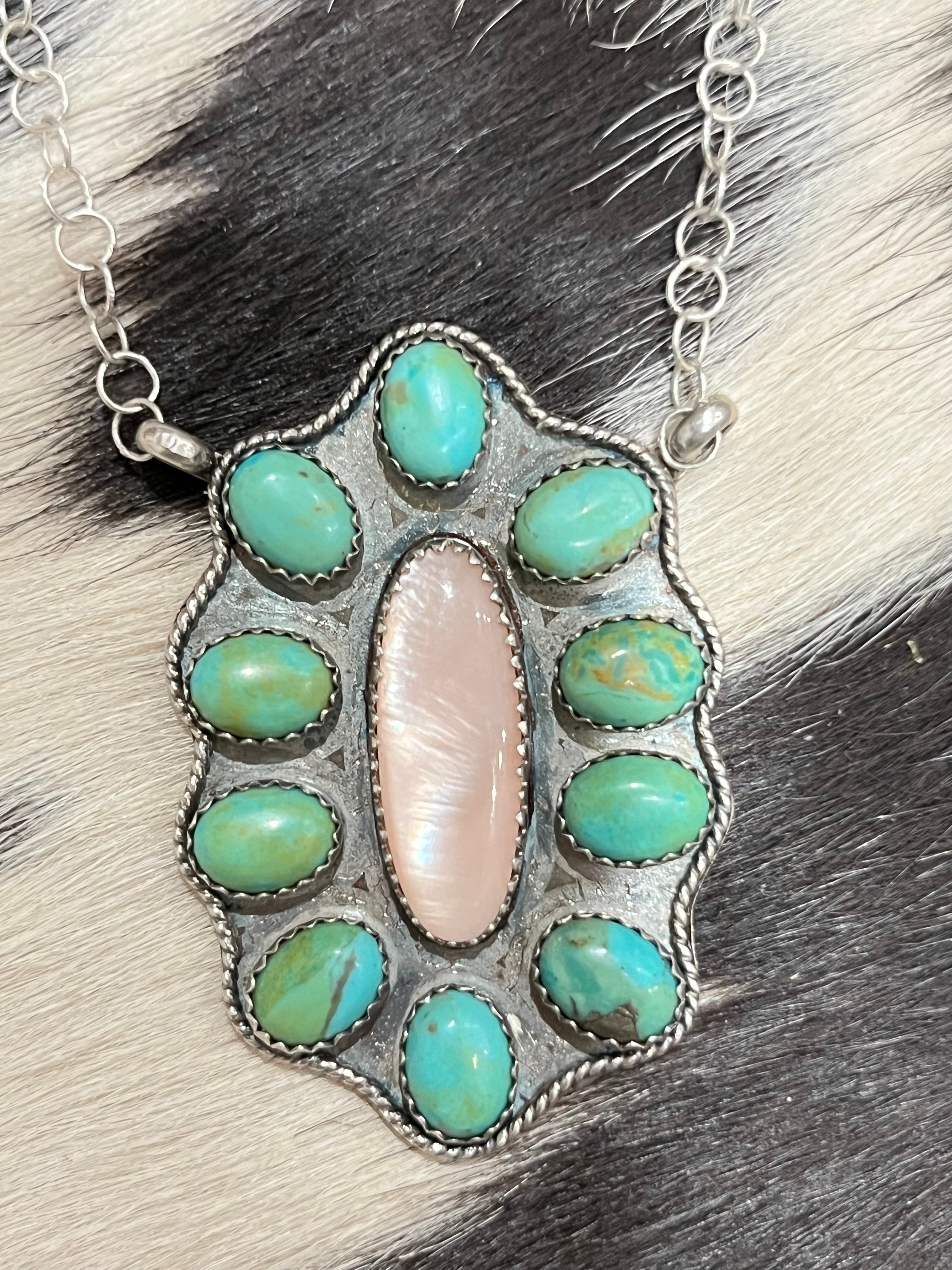 Pink shell and turquoise cluster pendant necklace