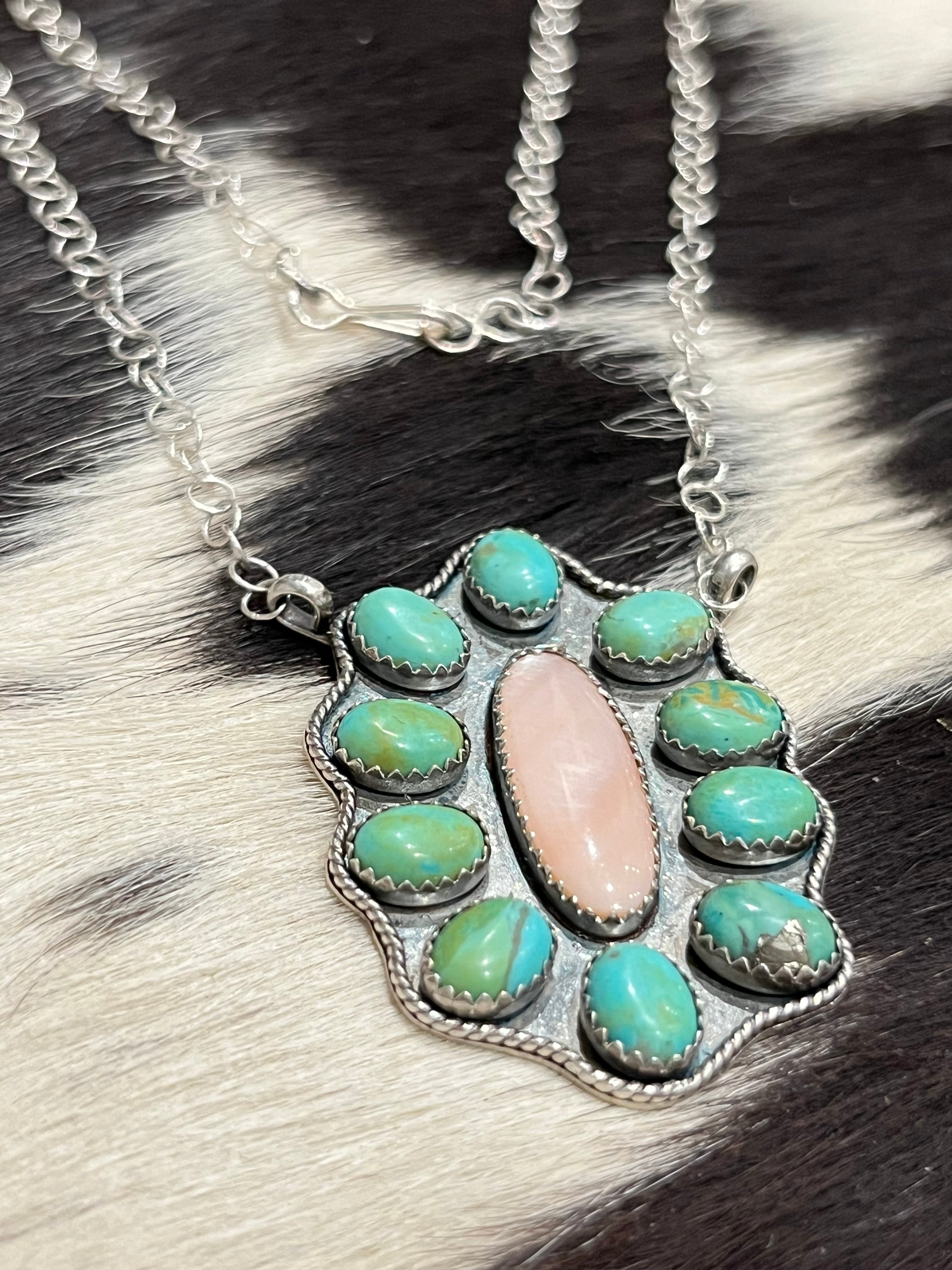 pink shell turquoise cluster necklace
