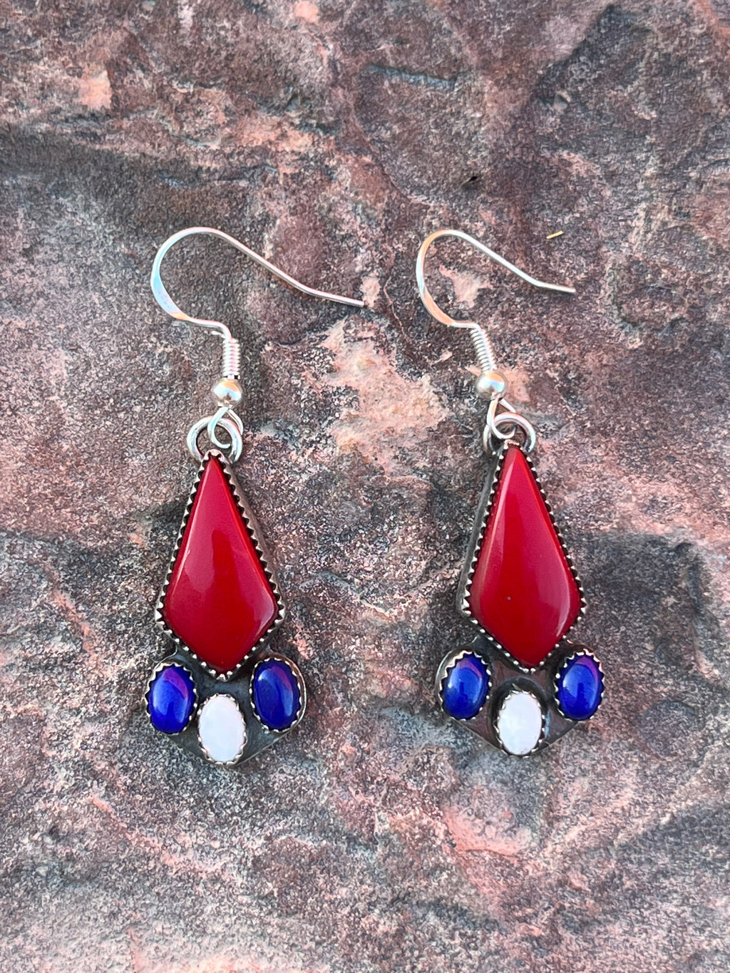 sterling silver earrings with red white blue natural stones. one of a kind