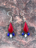 sterling silver earrings with red white blue natural stones. one of a kind