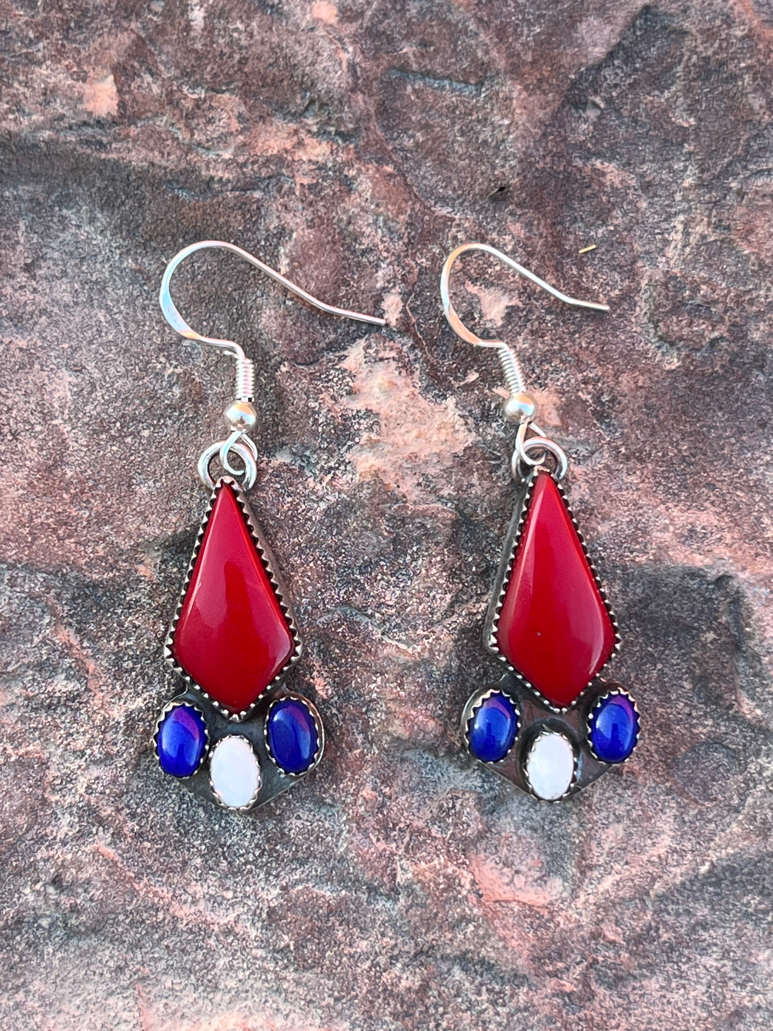 sterling silver earrings with red white blue natural stones. one of a kind